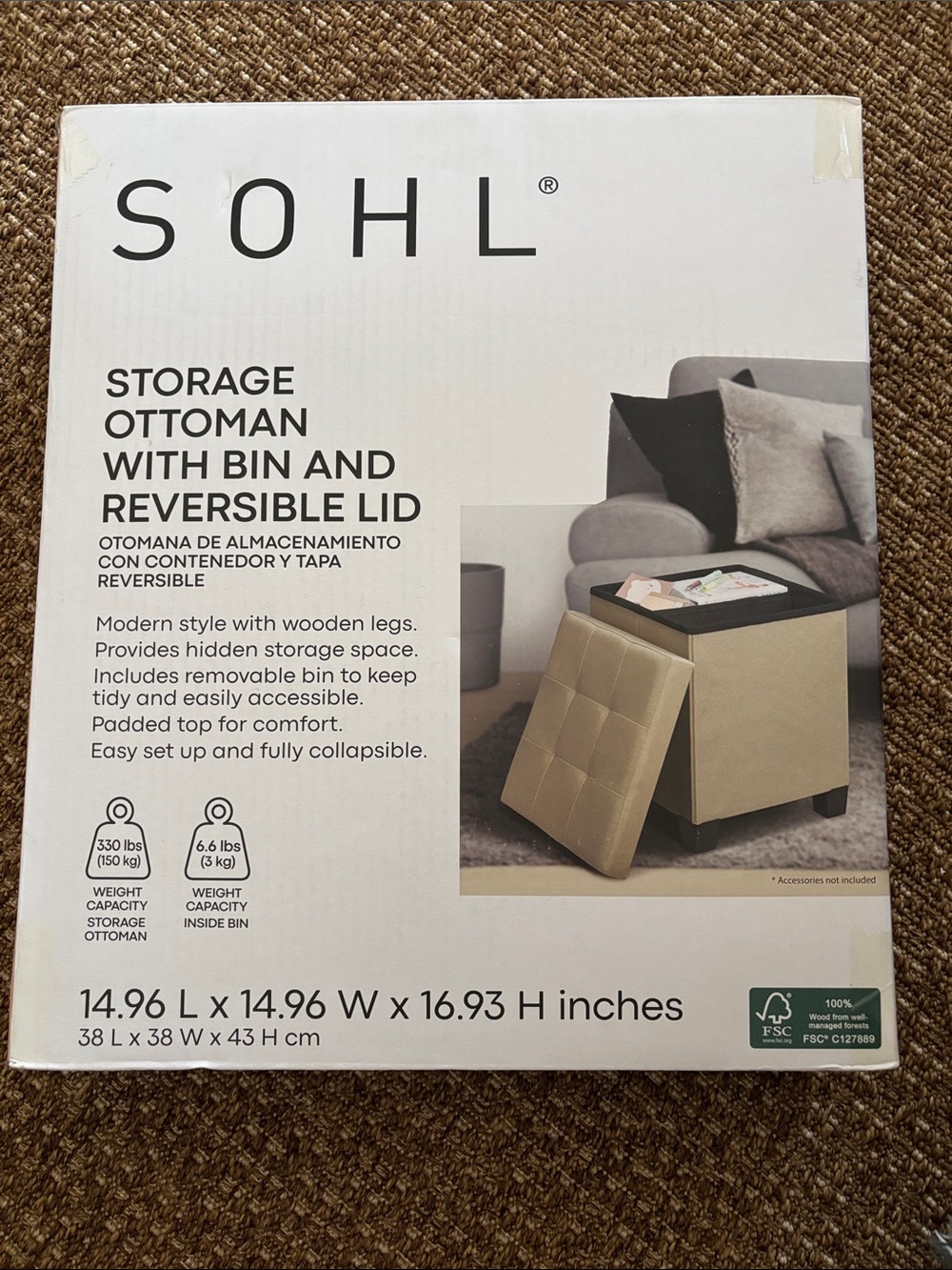 Beige Storage Ottoman with Reversible Lid